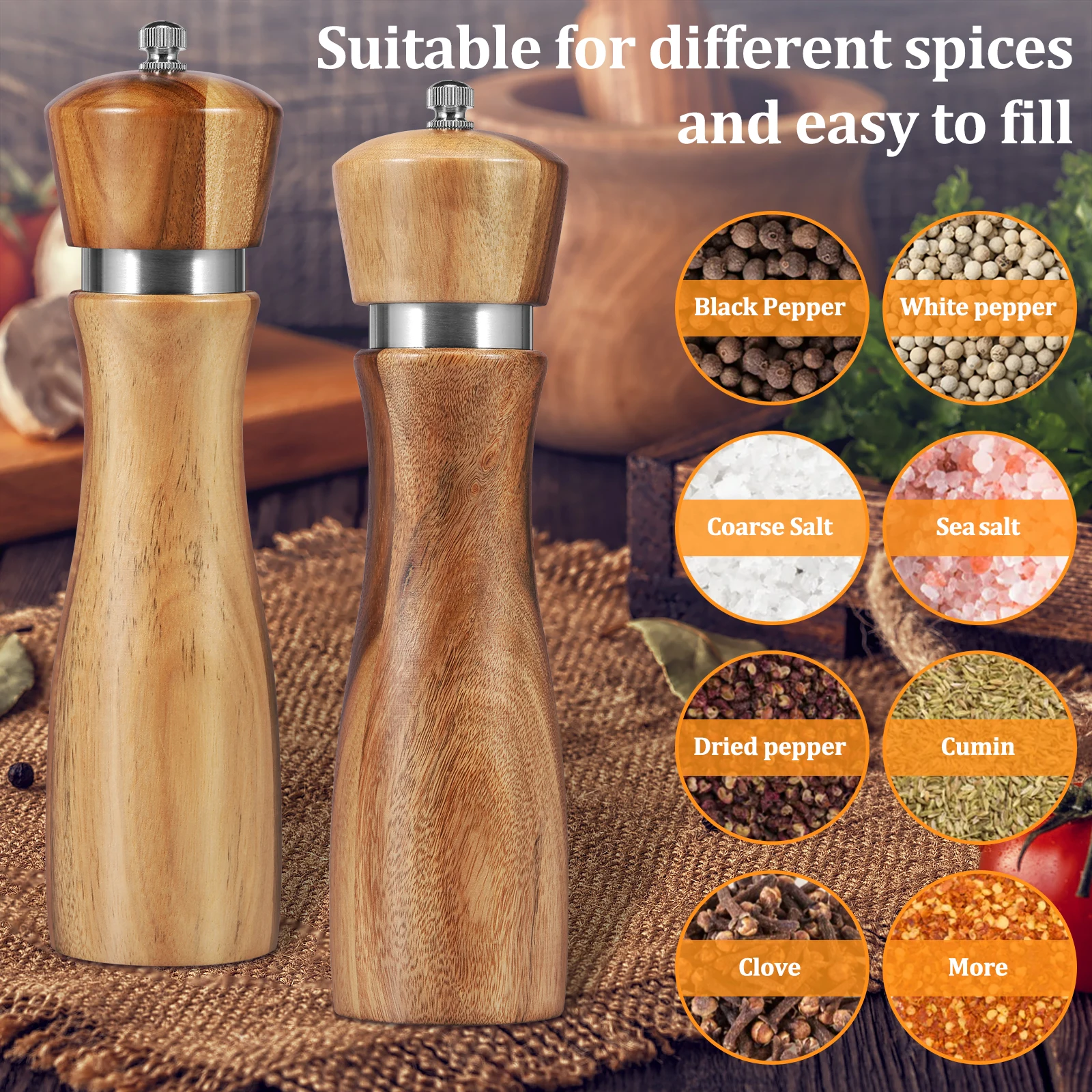 New 2Pcs Wood Salt and Pepper Grinder Set Manual Salt Pepper Mill Grinder Coarseness Adjustable Salt Grinder with Ceramic Core