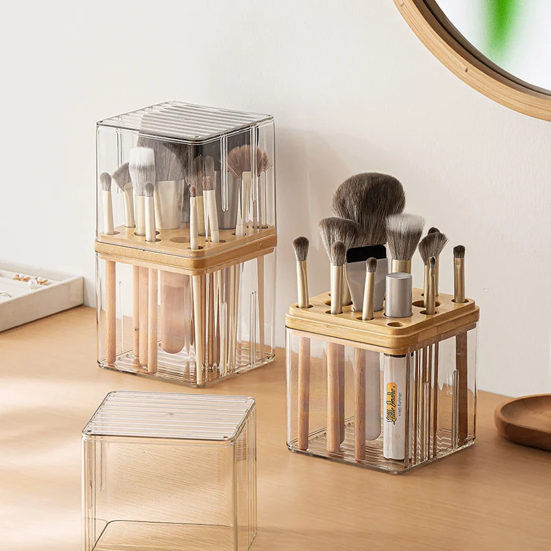 Organizador de cosméticos acrílico de madera a prueba de polvo para brochas de maquillaje y lápiz labial, caja de almacenamiento de brochas de maquillaje de varios niveles con soporte para teléfono