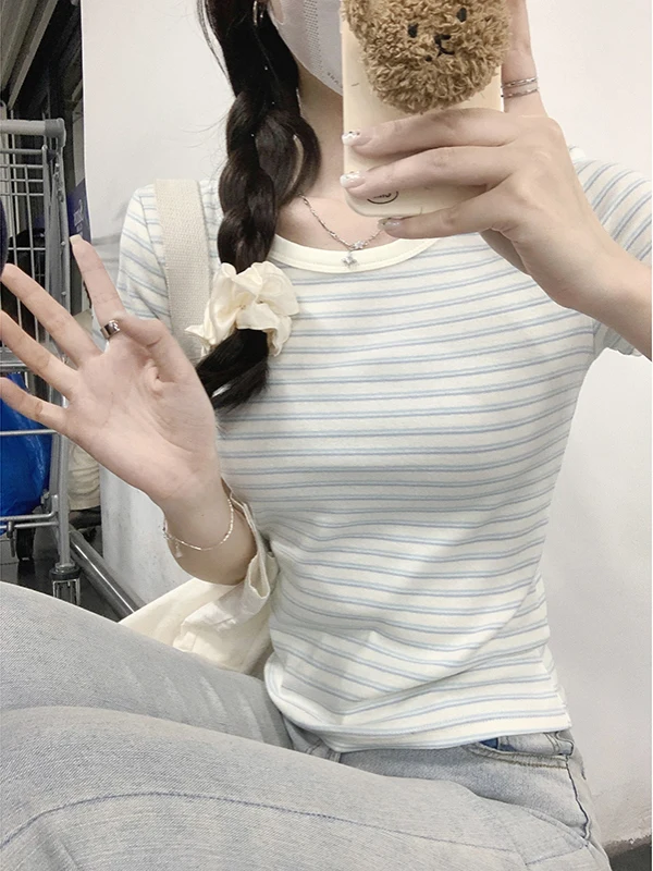 

Женская футболка Slim Fit в полоску с коротким рукавом и круглым вырезом, повседневная, для работы, весна-лето, модная, однотонная, короткий топ