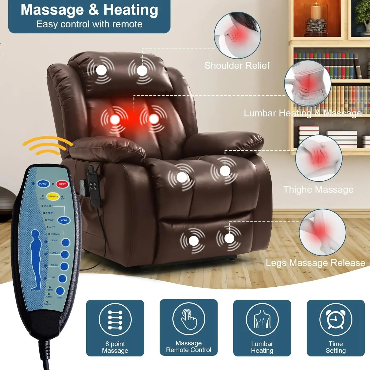 MF ite Posi-Fauteuil inclinable à grande puissance pour personnes âgées, chauffage et massage, ascenseur à plat, inclinables à moteur