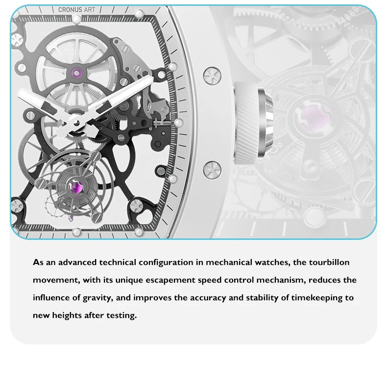 CRONUSART Orologio da uomo Tourbillon Tonneau Orologio da polso meccanico 5Bar Cassa in ceramica Luminoso cinturino in gomma fluorurata Specchio zaffiro