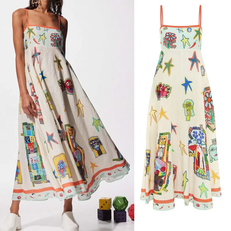 Women printed Strapless Long A-line Dress Retro Women Summer Fashion Sleeveless Printed Dress Sweet Loose Grils Beach Long dress