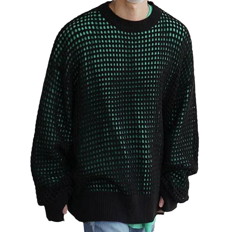 Fashion Youth Pullover Hollow Out Sweater Spring and Autumn New Streetwear Mens Tops Long Sleeve Mesh Knit Shirt