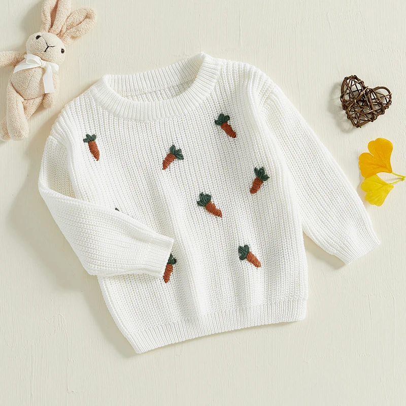 Toddler Boy Girl Sweaters Carrot Pattern Long Sleeve Round Neck Ribbed Chunky Knit Jumper Tops