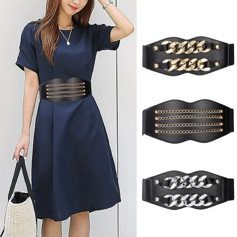 Simple Women Waist Belt Elastic Vintage PU Leather Corset with Geometric Chain