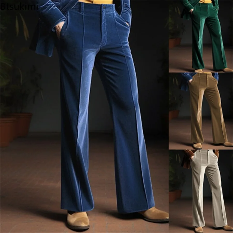 

Men's Comfortable Velvet Bell Bottom Pants Autumn Winter Casual Business Daily Pant Holiday Fashion Sides Pocket Trousers Male