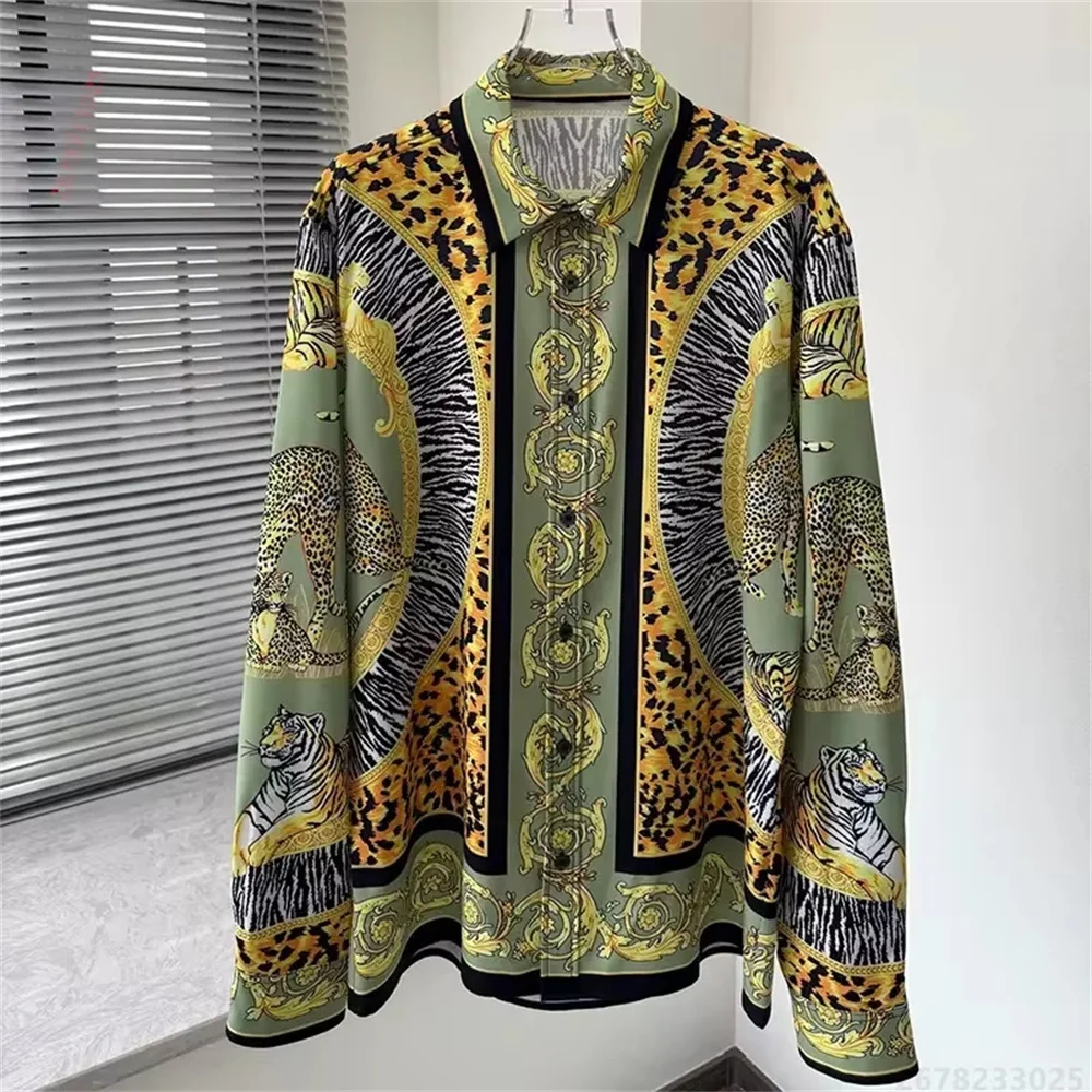Men Luxury Baroque Gold Floral Long Sleeve Shirts Vintage Tiger Leopard Zebra Animal Print Lapel Button Down Shirt Satin Casual