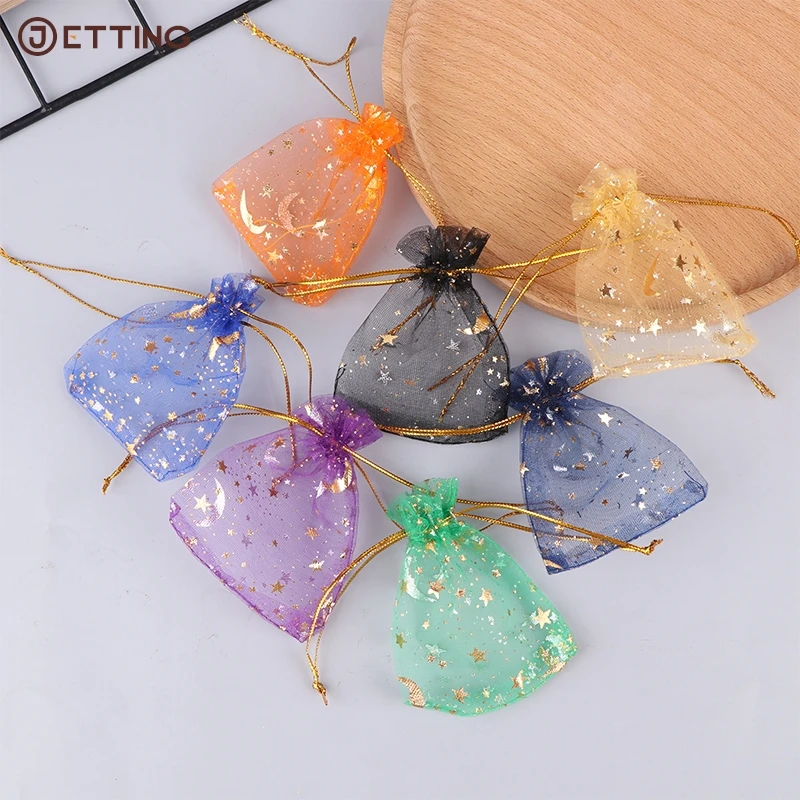 100pcs/lot Star Moon Organza Jewelry Bags Tulle Sheer Sachets Drawstring Gift Bag Wedding Party Favor Pouches Jewelry Organizer