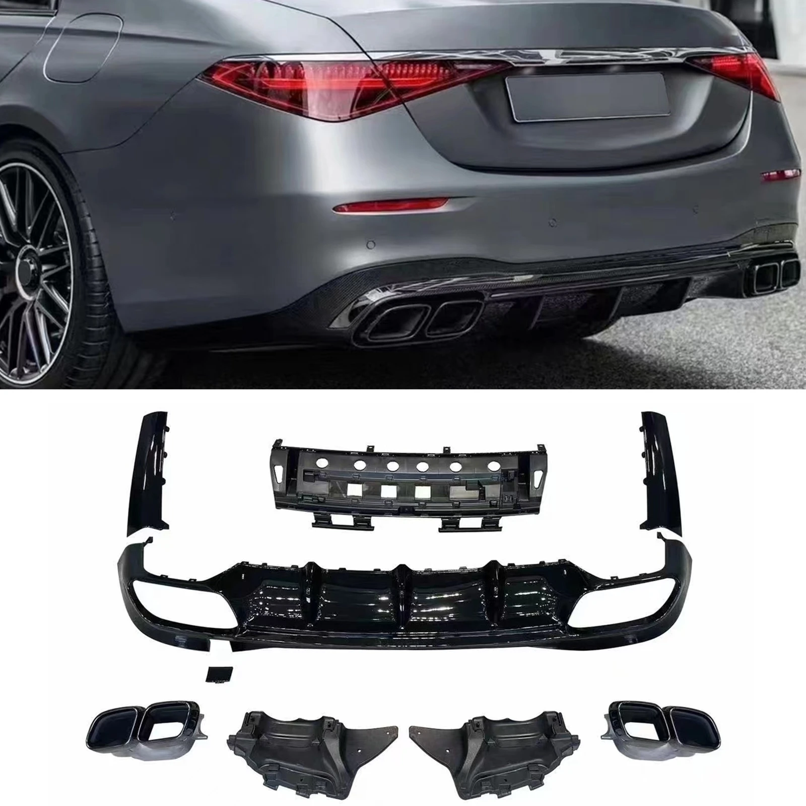 For  Mercedes Benz S Class W223 S63 AMG S580 Sedan 4-Door Sport 2022 2023 Rear Bumper Diffuser Lip +Muffler Exhaust Pipe Tip Kit