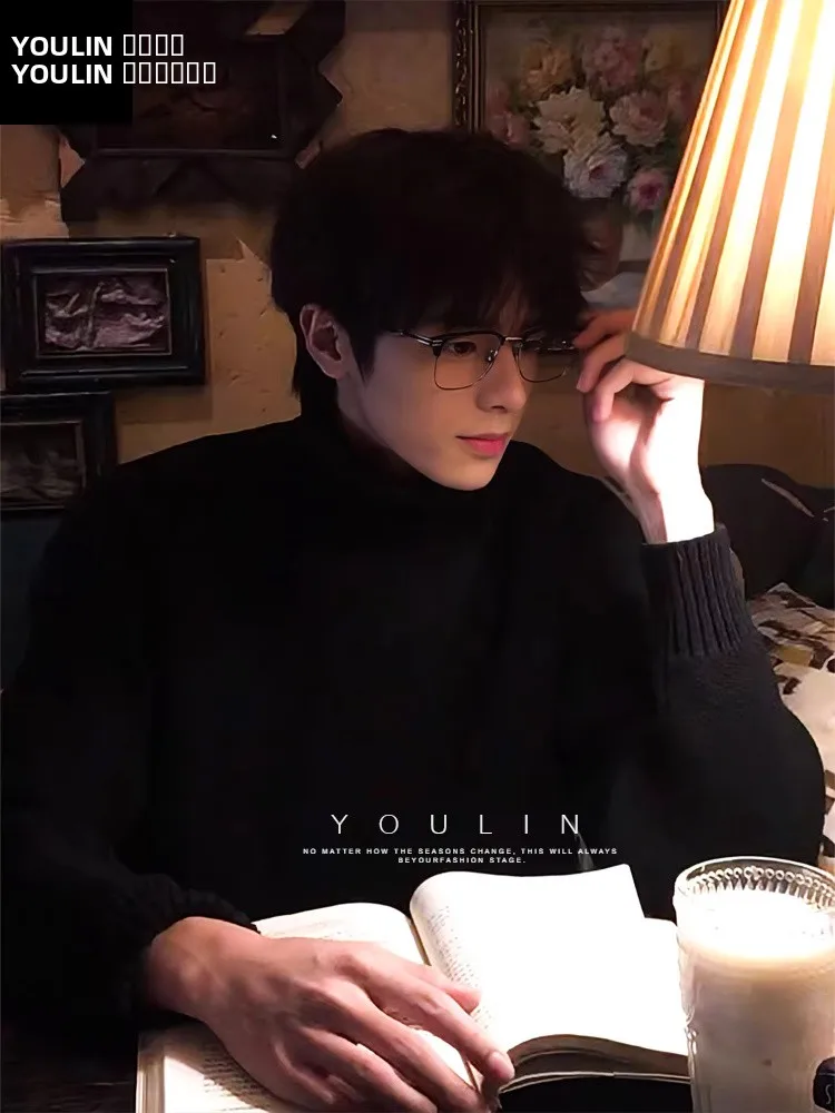 

Bla High Collar Fce Lined Men's Knitwear Winter Slim Fit Inner irt Soft Warm Casual Long Sve Top