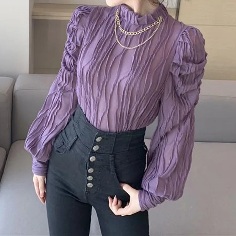 Fashion All-match Solid Color Folds Tops for Female Korean Simplicity Long Sleeve Stand Collar T-shirt Autumn Women\'s Clothing