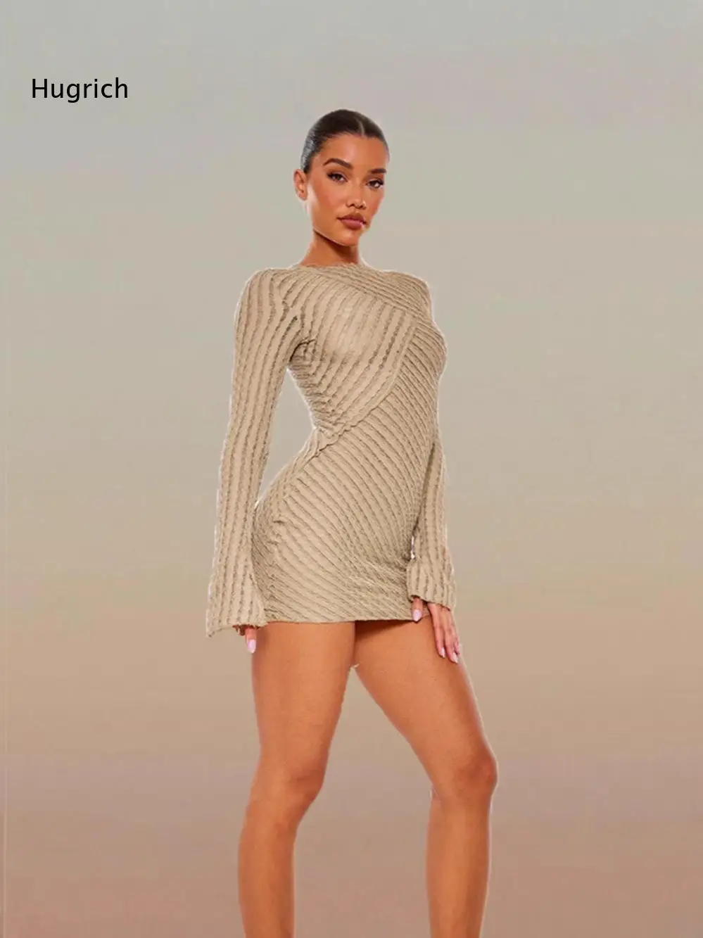 Women Cross Detail Textured Short Bodycon Dress Long Sleeve Slim Mini Dress Suitable For Bar Party And Evening Social Outfits
