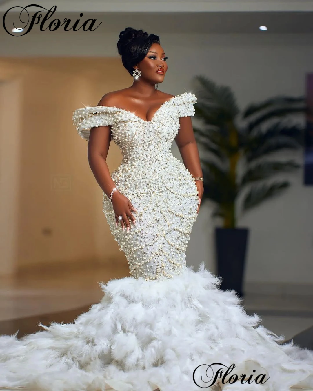 African Ivory Pearls Celebrity Dresses With Feathers Train Off Shoulder Elegant Evening Gowns For Black Girls Vestidos De Noche