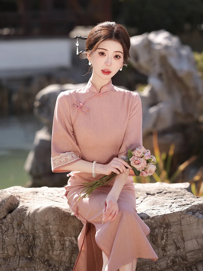 

2024 Spring/Summe New Cotton Linen Twill Long Qipao Vintage Elegant Banquet Qipao Cheongsam Dress