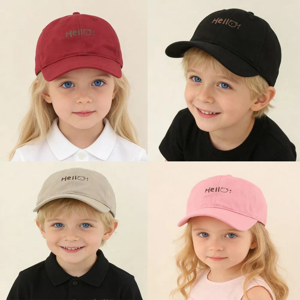 

New Spring Cartoon Bear Baseball Cap For Kids Summer HELLO Letter Sun Hats Girls Boys Soft Cotton Snapback Baby Hat 3-8Years Old