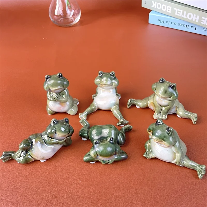 

6pcs/set Cute Porcelain Yoga Frog Figurine Rustic Ceramics Gymnastics Miniature Pond Animal Decor Art Collection Ornament Craft