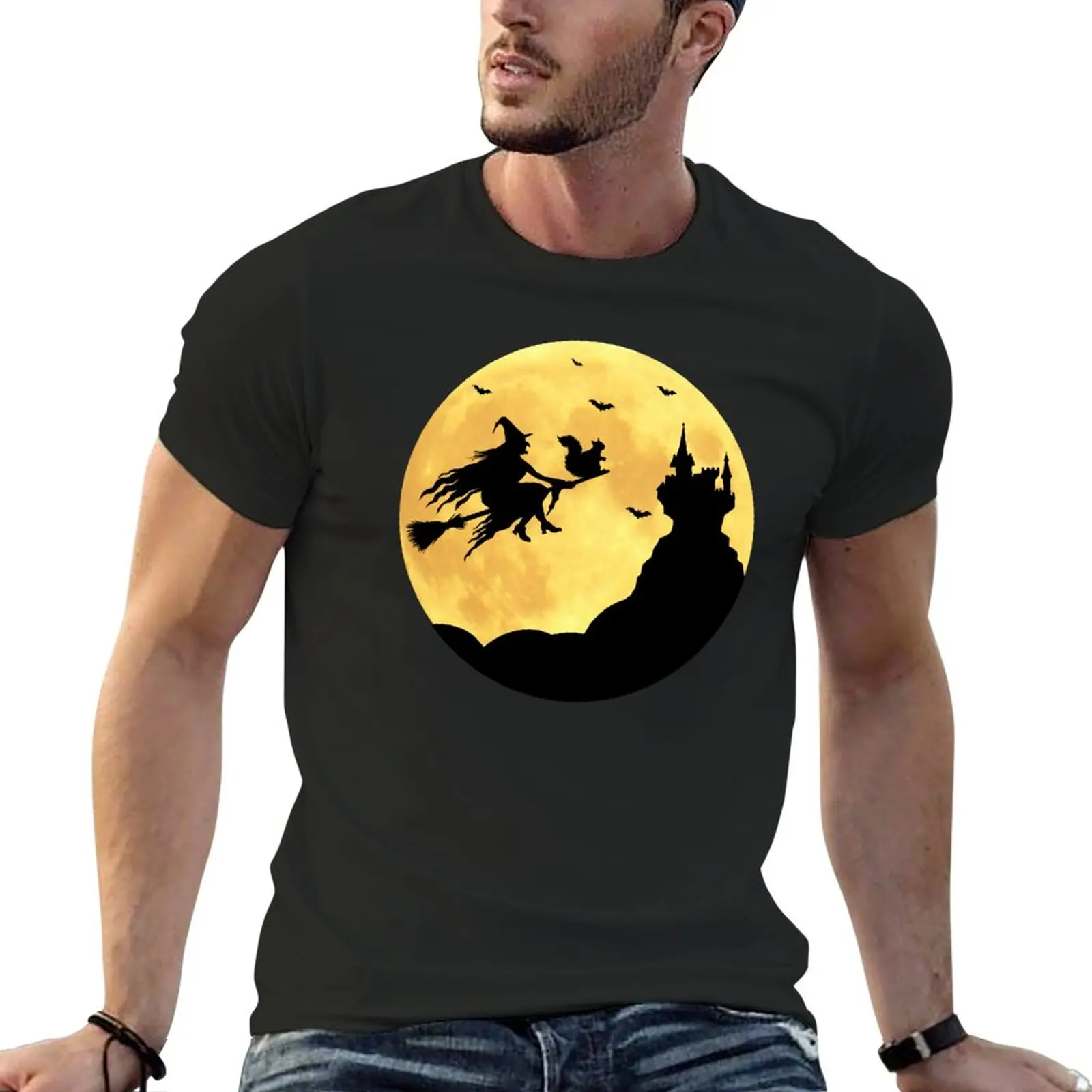 New  Halloween Funny Squirrel Riding Broomstick With Witch T-Shirt customized t shirts T-shirt for a boy black t-shirts for men