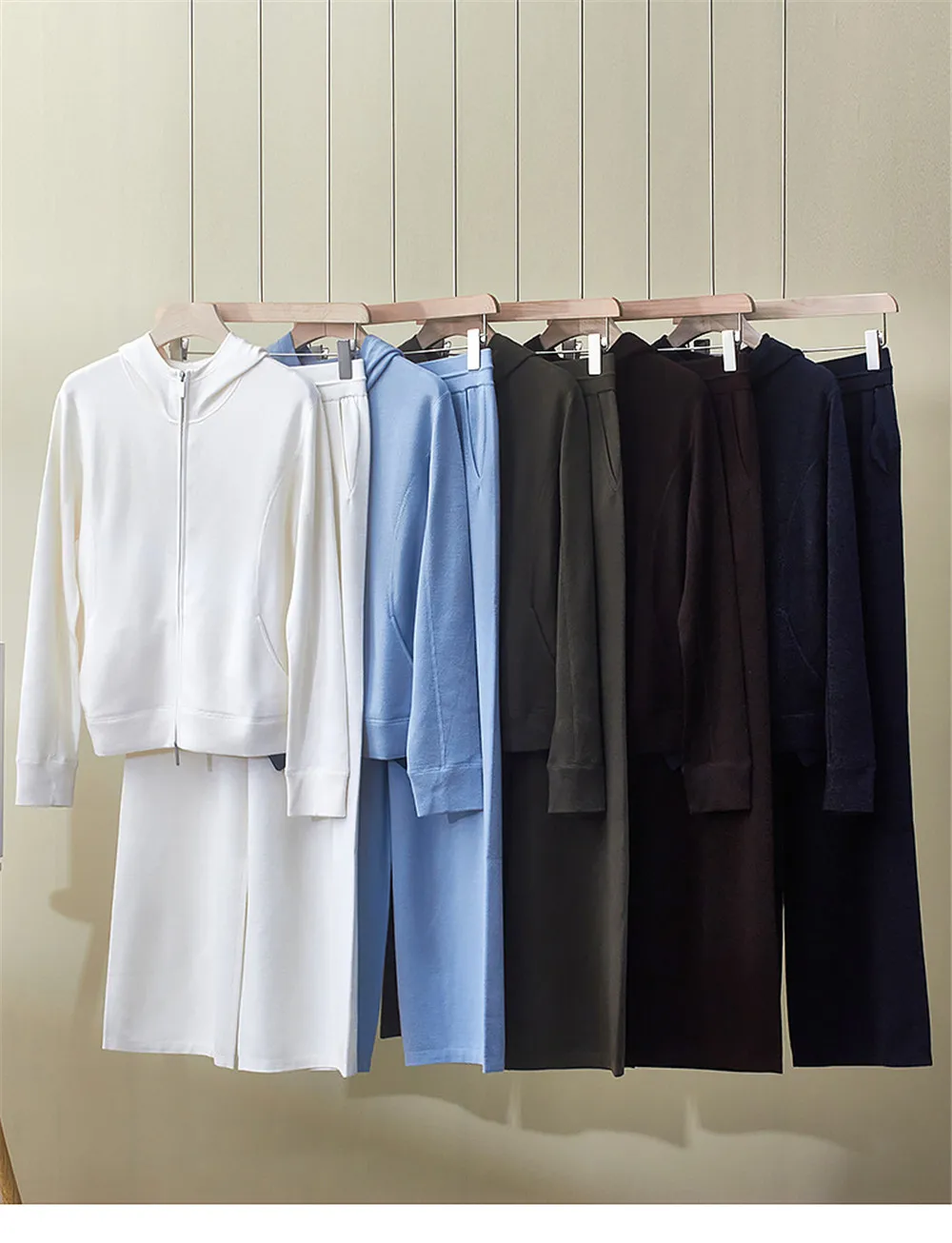 

Женский осенне-зимний высококачественный шерстяной вязаный кардиган с капюшоном и двойной молнией + широкие брюки, комплект из двух предметов