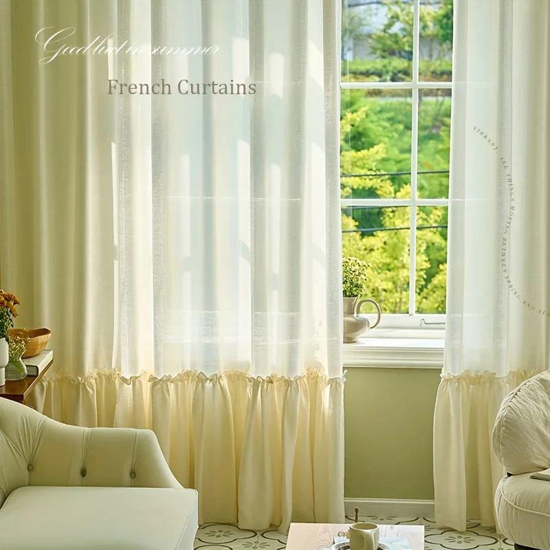 Modern Semi-Sheer Curtains Privacy Imitation Hemp Panels for Living Room Bedroom Rod Pocket Hook Hanging Romantic Ruffle Skirt