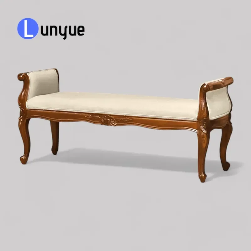 French Victorian Antique Carved Mahogany Bench Upholstered Fabric Bedside Stool for Home Porch Restaurant Warehouse School