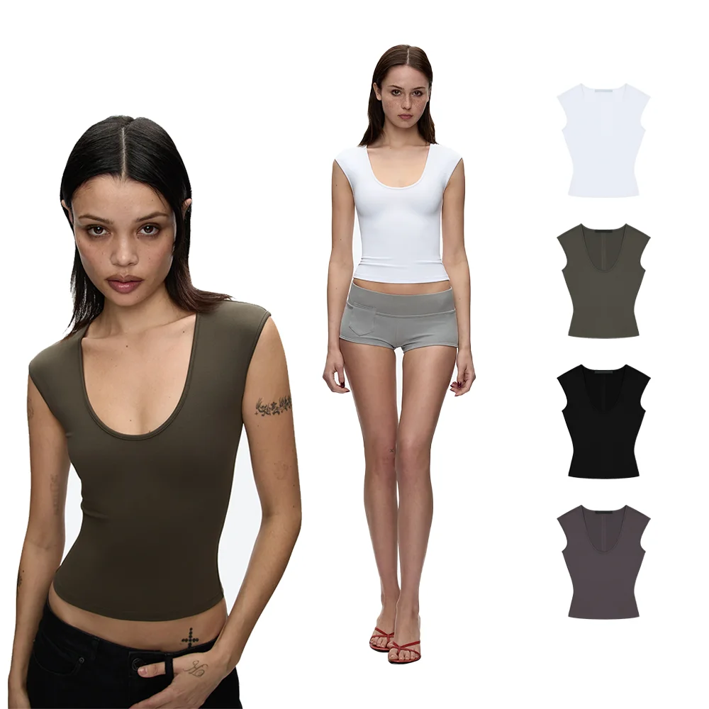 Tank U-Neck Sleeveless Slim-Fit T-Shirt, Stretchy Slim-Fit Top That Reveals Collarbone, Everyday Wear for Hot Girls, Retro Short Top, Simple Oval Tight-Fitting Large U-Neck T-Shirt