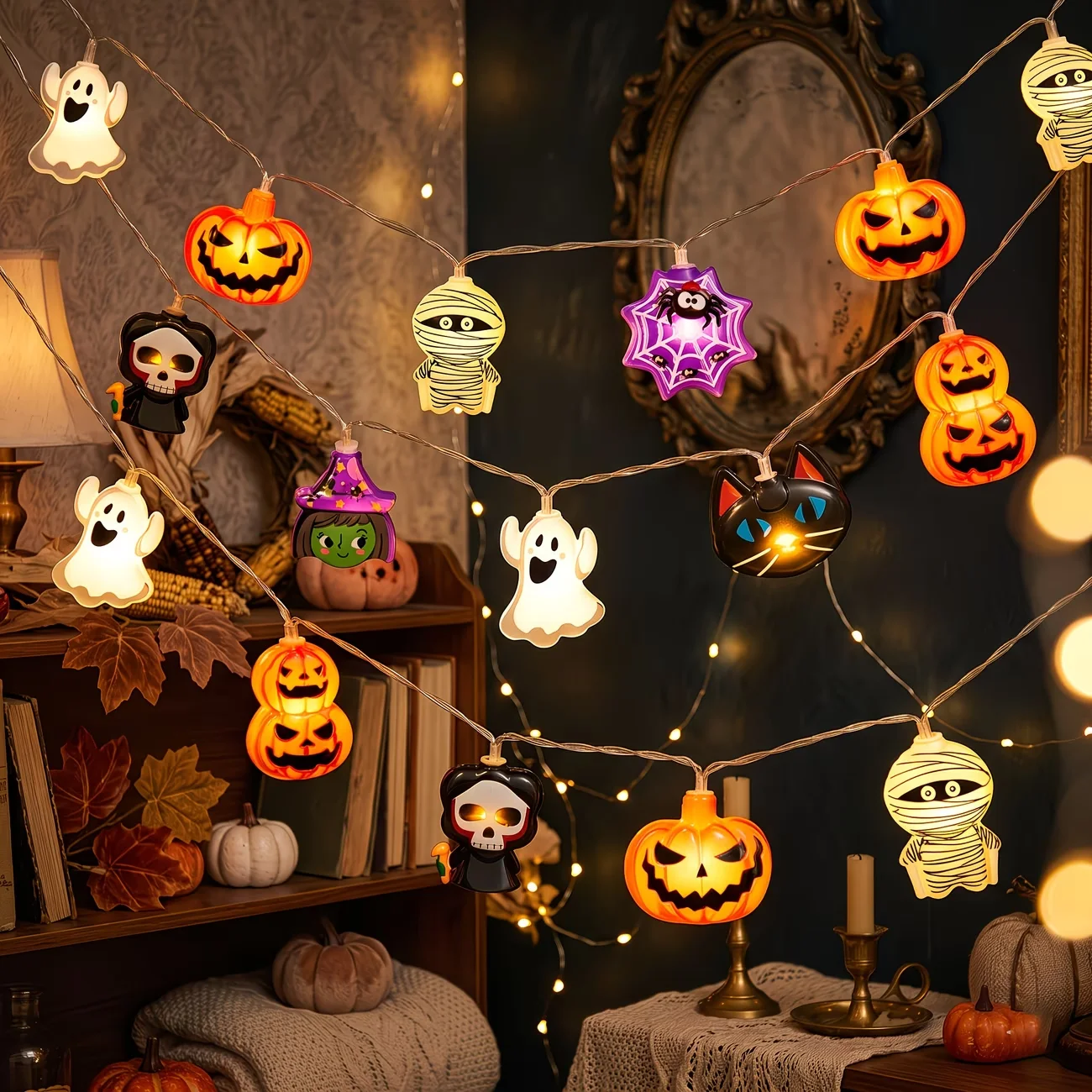 10/20 LED Halloween String Lights Ghost Pumpkin Mummy Skeleton Spider Fairy Light Battery Powered for Party Haunted House Decor