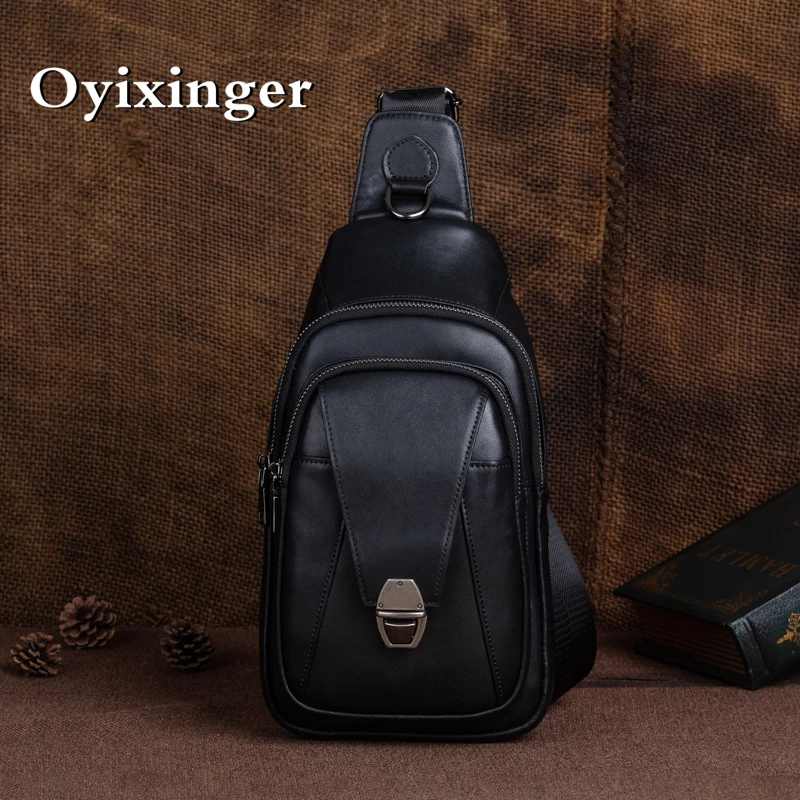 OYIXINGER New Genuine Leather Men\'s Chest Bag Retro Cowhide Solid Messenger Shoulder Bag Versatile Fashion Outdoor Crossover Bag