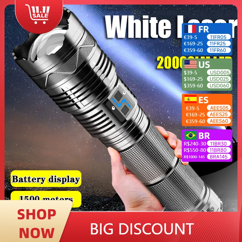 Powerful LED Flashlight Super Bright Spotlight Long Range Zoomable Emergency Torch Outdoor Tactical Flashlight Power Display