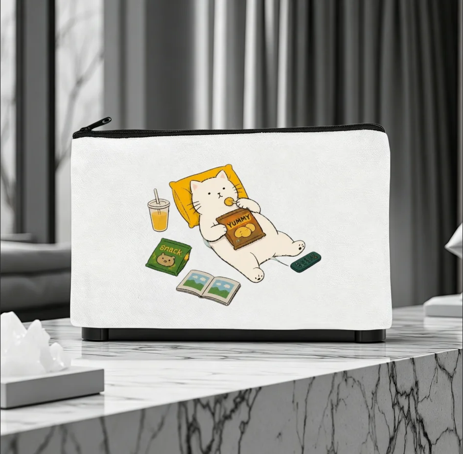 1PC Double Sided Print Lazy White Cat Snacks Drinks Book Remote Canvas Zipper Cosmetic Storage Pouch
