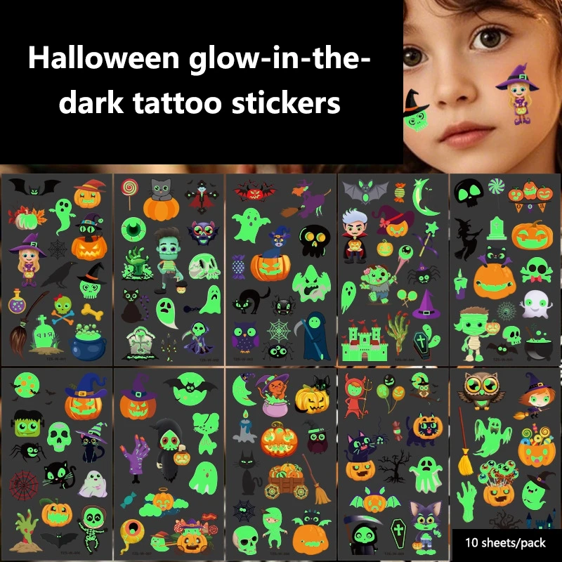 

10pcs Halloween Luminous Pumpkins Tattoo Stickers Temporary Waterproof Stickers for Face Body Tattoo Kids Halloween Party Props