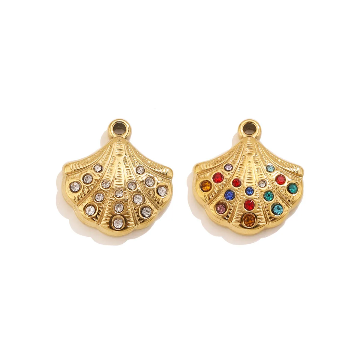 4pcs Gold Plated Stainless Steel Scallop Shell Charms With Color White Rhinestones Pendants For DIY Jewelry Making Findings