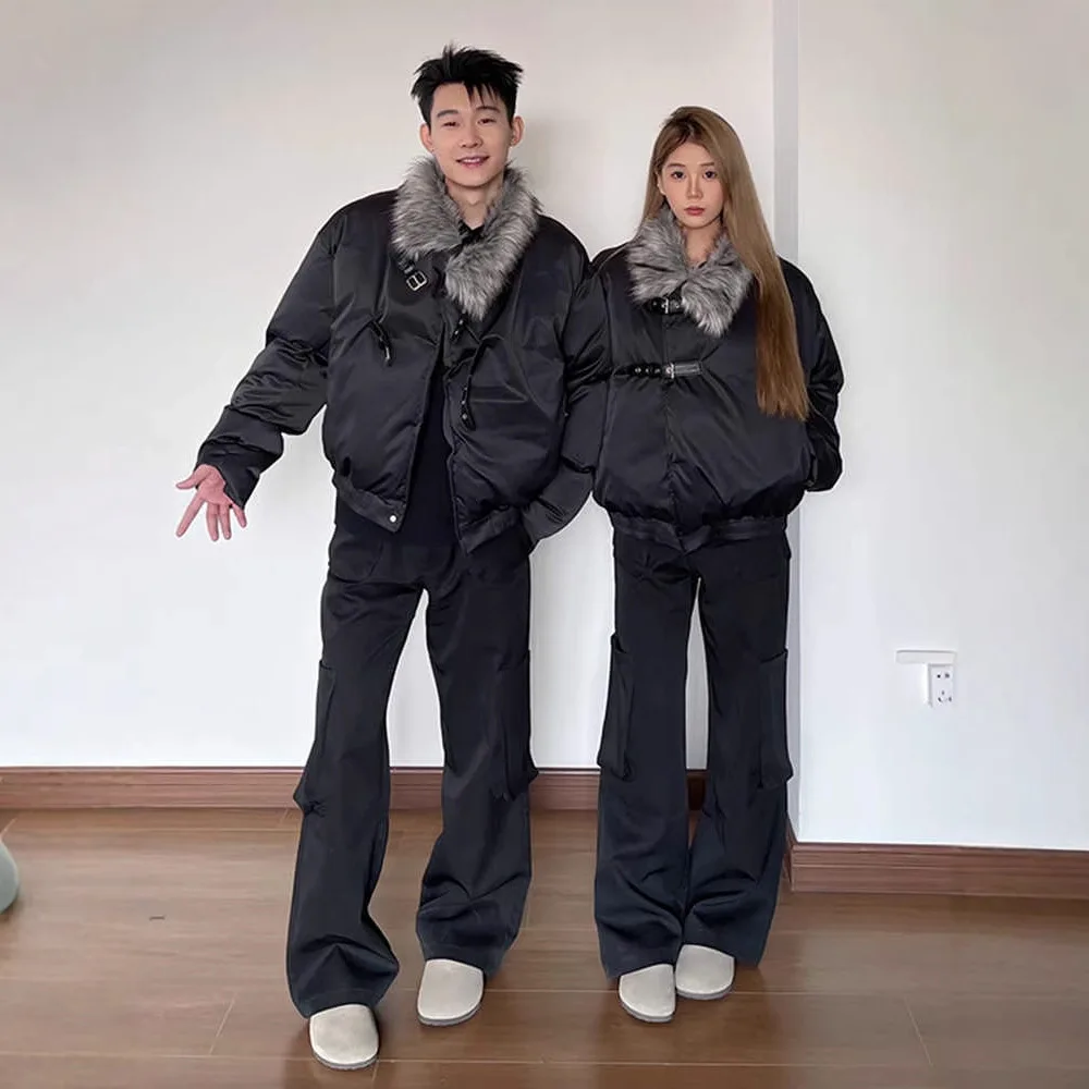 

American fur collar jacket, men's winter short thickened mountain carving jacket, deconstructed design, cotton coat for couples