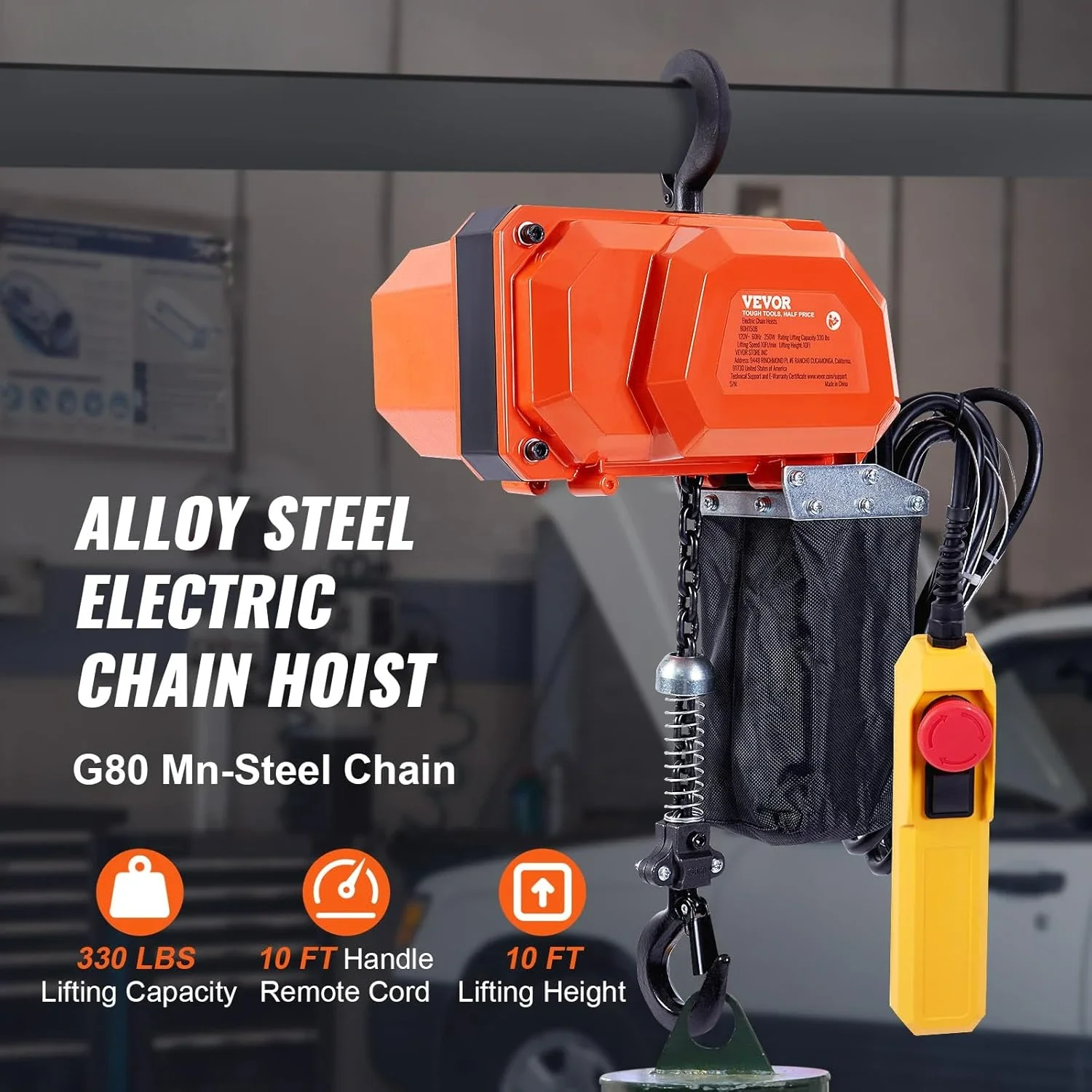 Electric Chain Hoist, 330 lbs Load Capacity, 10 ft Lifting Height, 10 ft/min Speed, 120V, Single Phase Overhead Crane&G80 Chain.