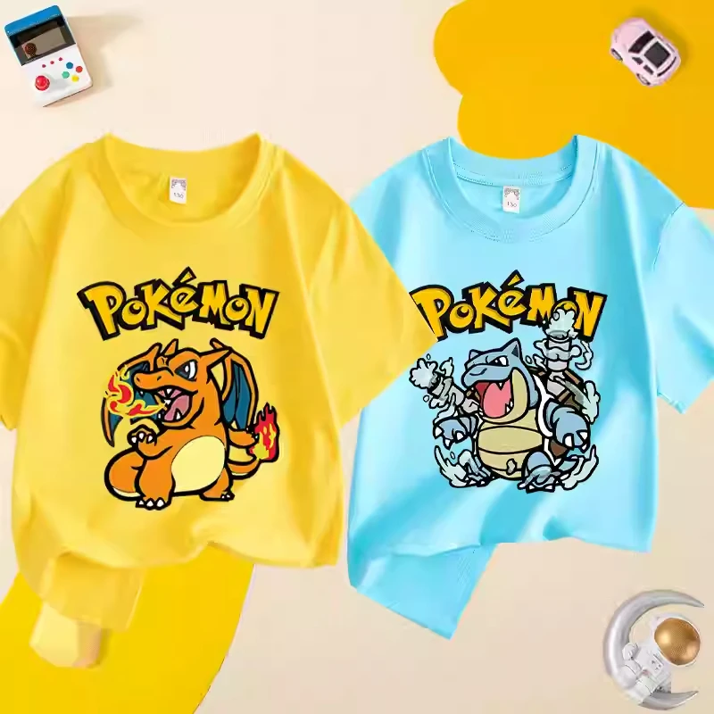 camiseta-pok-E-mon-spray-fire-dragon-feita-de-algodao-puro-2025-verao-novo-estilo-para-meninos-e-meninas-foguete-tartaruga-meia-manga