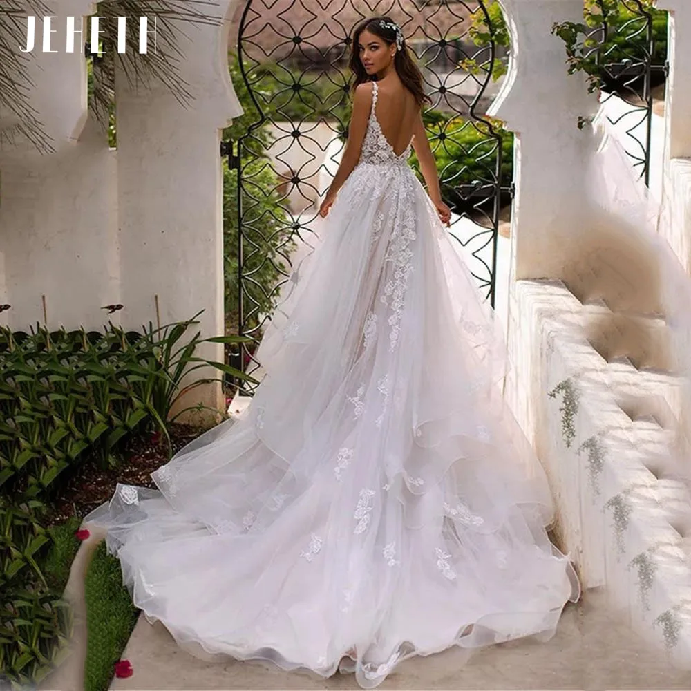 JEHETH Tulle Boho A-Line Applique Backless Wedding Dress 2023 Spaghetti Straps Long Bride Gowns Princess Floor Length Vestidos