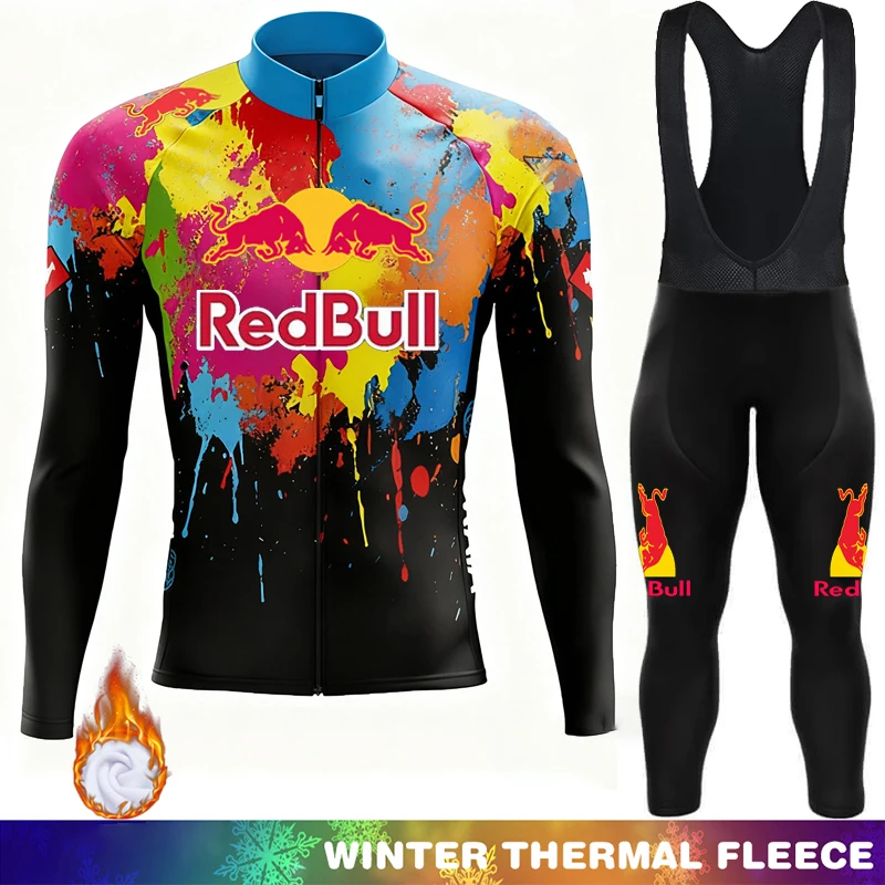 Red Bull Winter Thermal Fleece Cycling Bib Men's Pants Jersey Mtb Clothing Man Maillot Outfit Mens Clothes Bike Road Bikes Shirt