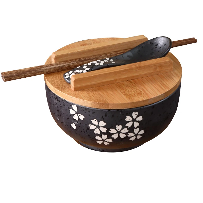 Japanese Style Rice Noodle Bowl with Lid Spoon and Chopstick Kitchen Tableware Ceramic Salad Soup Bowl Food Container Dinnerware