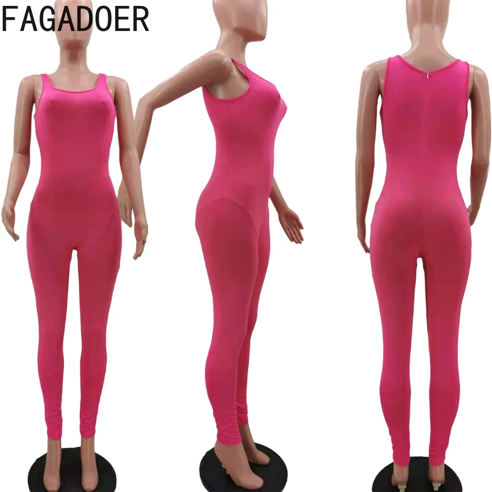 FAGADOER Sexy Bodycon Thin Strap Jumpsuits Women Solid Sleeveless Skinny Pants Playsuits Casual Sport Fitness Rompers Clothing