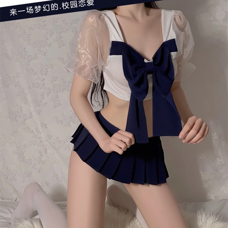 Bowknot Campus Schoolgirl JK Uniform Roleplay Sexy Sweet Student Kawaii Lingerie Cosplay Perspective Short Sleeve Top Miniskirt