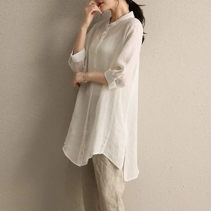 

White Cotton and Linen Long Shirt Women's 2022 Summer Thin Stand-up Collar Mid-Sleeve Top Casual High-End Cotton and Linen Shirt