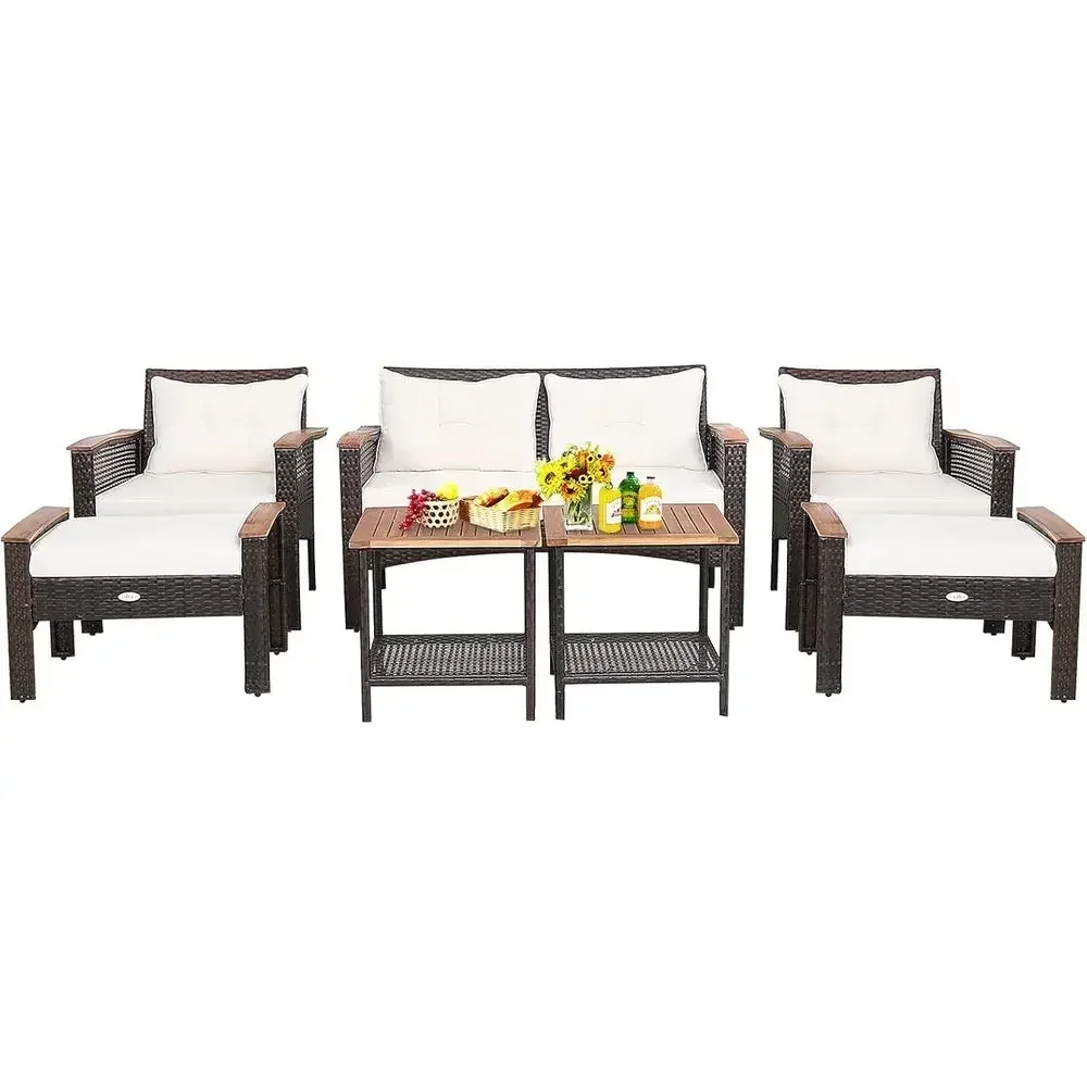 7-Piece Wicker Patio Furniture Set with Acacia Wood, Ottomans and Storage Side Tables, Outdoor Cushioned Sectional Sofa in White