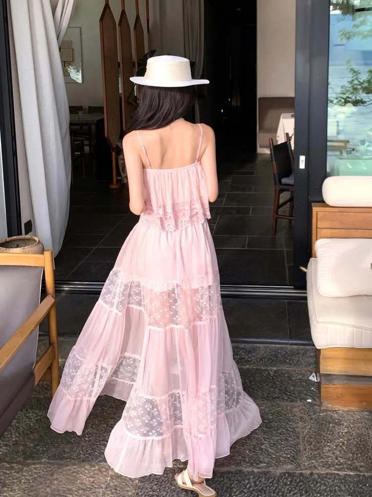 Sexy Sweet 2 piece set for women 2026 Summer Pink lace patchwork camisole V-neck crop tops and long skirt Beach Club INKEO 6D094 view 3