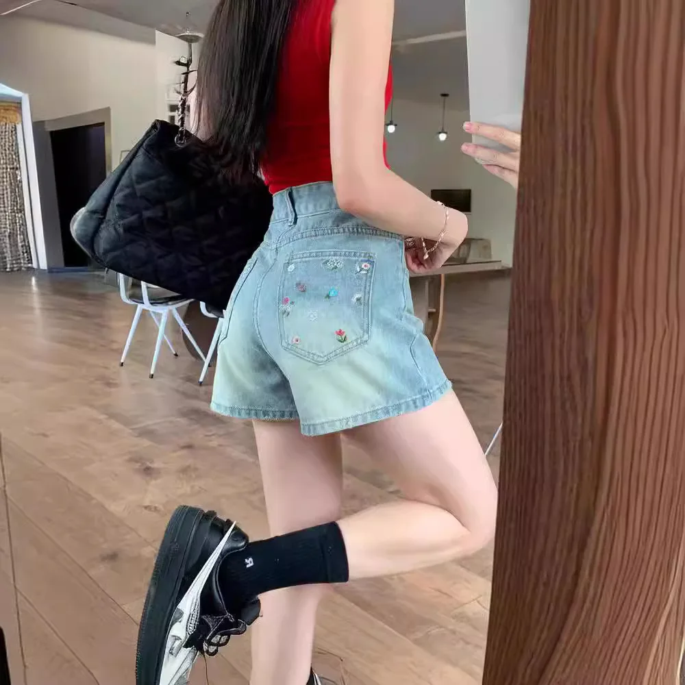 

Blue Shorts Straight Leg Jeans High Waist Floral Embroidered Hot Pants