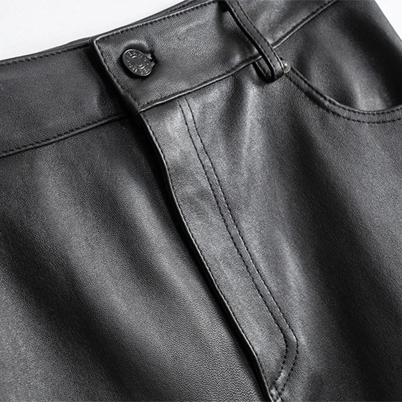 Real Leather Skirt for Women, High Waist, Elastic, Sheepskin, Long Slit, Thin, OL, Autumn