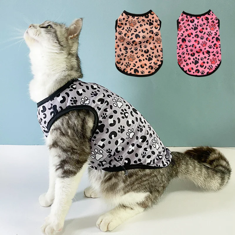 Katzen-Kleidungsweste für kleine, mittelgroße Katzen, Hunde, Sommer, atmungsaktiv, Kätzchen, Leopardenmuster, ärmellose Kleidung, französische Teddy-Haustier-Outfits