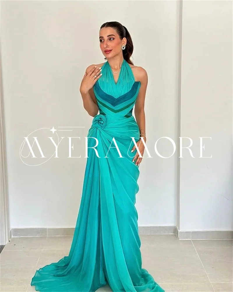 Robes de soirée modernes en mousseline de soie licou pour femmes sirène plis fleur balayage train robes de bal personnalisé فساتmavera