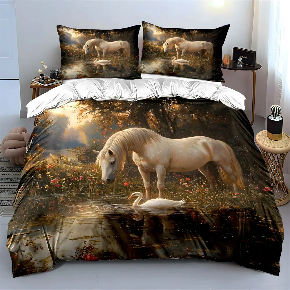 Horse and Swan Meeting in Lake Printed Duvet Cover Set 1 Duvet Cover+2 Pillowcase Multi Size Bedroom Bedding Decor Luxury Gift 3