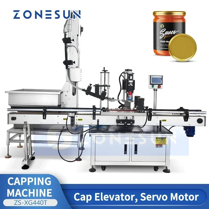 ZONESUN Automatico Twist Off Cap Sigillante Ketchup Pasta Peperoncino Salsa Barattolo di vetro Tappatrice Ascensore Servomotore Pinza ZS-XG440T