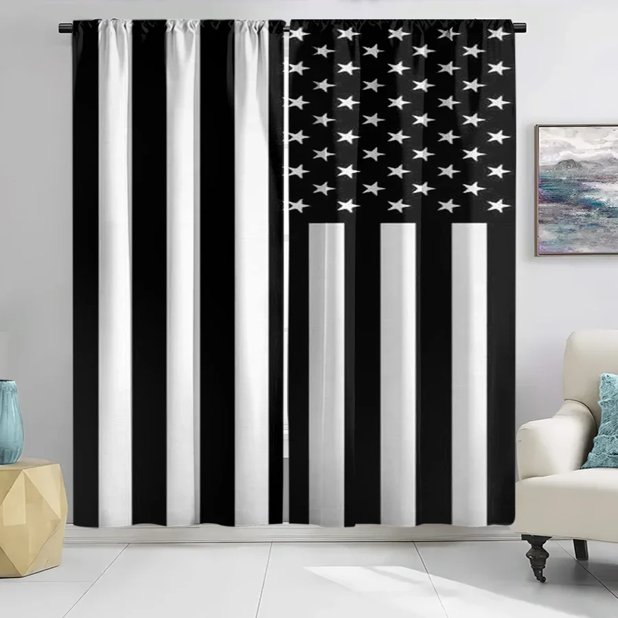 American Flag Curtains 2pcs Black White Patriotic Window Drapes Stars Stripes Modern USA Home Decor Curtain Pair Treatment