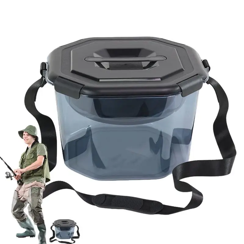 Fishing Bucket with Lid 5 Gallon Bait Tank Multi-functional Fishing Equipment with Shoulder Strap Handheld Live Bait Fishing